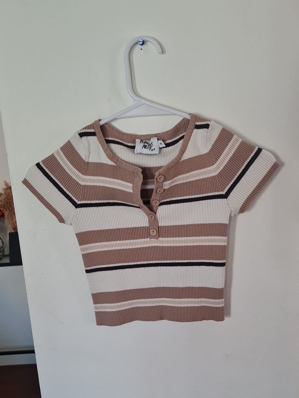 💥3for$15💥Princess Polly Ribbed Striped Crop Top - Taupe, Cream & Black